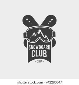 Snowboard club logo, label or badge template. Vector symbol design with glasses and mountains in reflection.. Winter extreme sport icon.