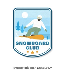Snowboard Club patch. Vector illustration. Concept for shirt, print, stamp, patch or tee. Vintage typography design with snowboard and mountain silhouette. Extreme winter sport.