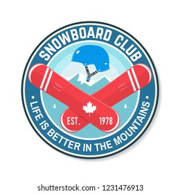 Snowboard Club. Vector illustration. Concept for shirt, patch, print, stamp or tee. Vintage typography design with snowboard and helmet silhouette. Extreme winter sport.