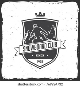Snowboard Club. Vector illustration. Concept for shirt, print, stamp or tee. Vintage typography design with snowboarder and mountain silhouette. Extreme sport.