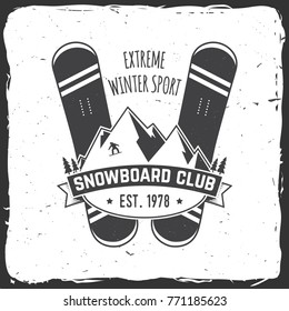 Snowboard Club. Vector illustration. Concept for shirt , print, stamp or tee. Vintage typography design with snowboard and helmet silhouette. Extreme winter sport.
