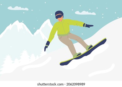 snowboard. Couple of snowboarders in mountains. Winter sport and recreation. Snowboarding resort with young man. Flat vector illustration winter landscape