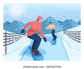 Snowboard cross. Male characters on snowboard. Snowboarder riding down an equipped track. Snowboarding competition, winter extreme sport activities. Flat vector illustration