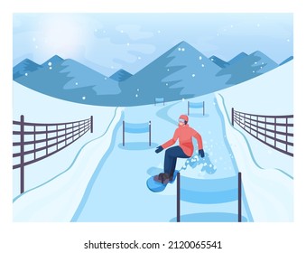 Snowboard cross. Male characters on snowboard. Snowboarder riding down an equipped track with barriers. Snowboarding competition, winter extreme sport activities. Flat vector illustration