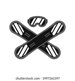 Snowboard crossed and ski glasses icon isolated on white. Snow board for extreme winter sport lifestyle. Monochrome vintage flat style.Vector illustration.