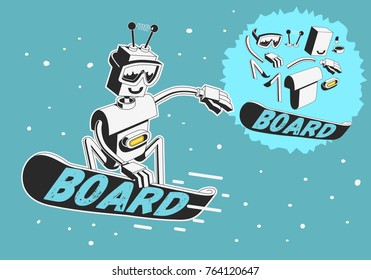Snowboard Design With Robot Snowboarder Illustration With Separate Parts Elements Of Body. Vector Graphic.