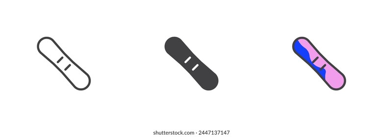 Snowboard verschiedene Stil Icon Set. Linie, Glyphe und gefüllte Umrissfarben, Umriss und gefüllte Vektorgrafik. Symbol, Logo-Darstellung. Vektorgrafik-Grafiken