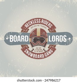 Snowboard emblem. Mark, logo, label on the theme of snowboarding in the old-school style with grunge effect. Worn texture on a separate layer.