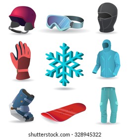 Snowboard equipment  icons. Helmet, gloves, boots, snowboards, goggles, balaclava, jacket, trousers, snowflake