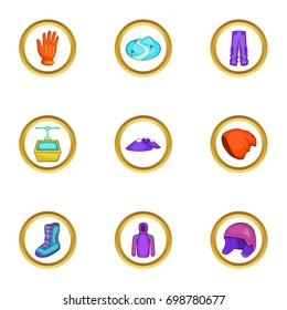 Snowboard equipment icons set. Cartoon illustration of 9 snowboard equipment vector icons for web design