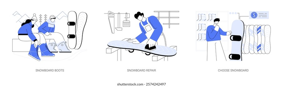 Snowboard equipment isolated cartoon vector illustrations set. Couple wearing snowboard boots, fixing and waxing in repair shop, choosing new board, sport equipment rental business vector cartoon.