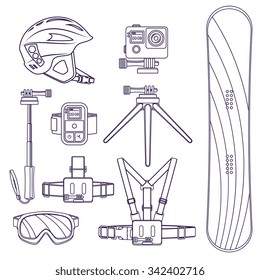 Snowboard equipment kit clothes vector illustration on white background