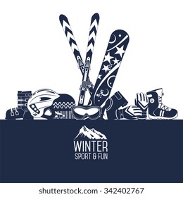 Snowboard equipment kit clothes vector illustration on white background. Extreme winter sport