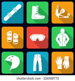 Snowboard and its equipment set. Flat long shadow design. Ski icons series.