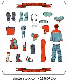 Snowboard equipment. Vector set of extreme winter sport design elements.