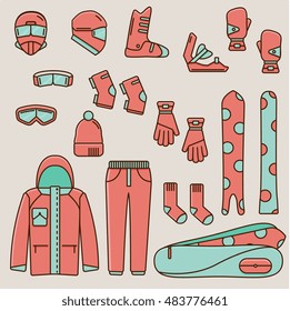 Snowboard flat line icons. Set of snowboard equipment and clothing. Winter outdoor activity vector illustration. Collection of winter extreme sport icons in thin line colorful style.
