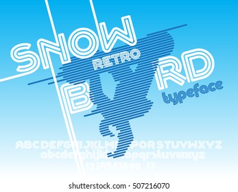 Snowboard font. Retro Vintage poster with snowboarder jump and typeface set. Line Alphabet. Type letters and numbers. 