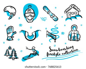 Snowboard freestyle collection icon set. Handdrawn separated Blue and black lines on white. Fast and rough sketches.