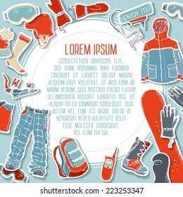 Snowboard gear background. Vector snowboard clothing and kit. There is place for your text in the center.