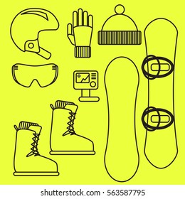 Snowboard gear vector line icon set.