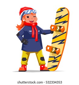 Snowboard Girl Winter Healthy Resort Polygonal Flat Vector Illustration