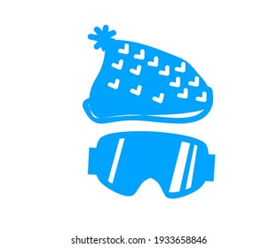Snowboard-Brillen und Hut auf weißem Hintergrund. Symbol. Vektorgrafik.