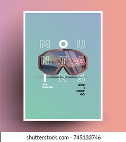 Snowboard goggles and mountains reflection poster flyer  Modern minimal styled vector illustration 