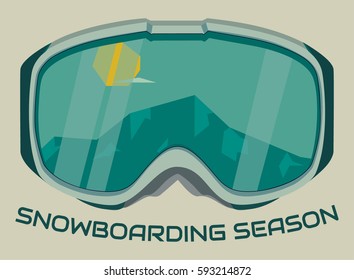 Snowboard goggles reflecting mountains. Flat vector illustration.