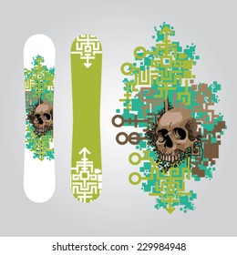 snowboard graphics design with pixel art background and brown skull