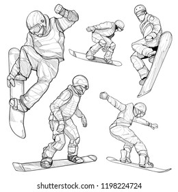 conjunto de ilustraciones dibujadas a mano en snowboard