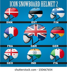Snowboard helmets with the flags of countries members for winter games. Vector illustration, eps 10, contains transparencies.