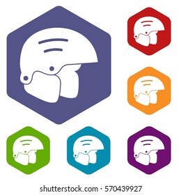 Snowboard helmets icons set rhombus in different colors isolated on white background