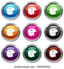 Snowboard helmets set icon isolated on white. 9 icon collection vector illustration