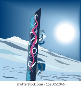 snowboard high in the mountains in winter