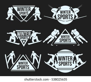 Snowboard, hockey, skier man flat style design logotype emblem set. Snow board ski isolated and cross country boarding, winter sport season mountain recreation lifestyle, activity speed extreme vector