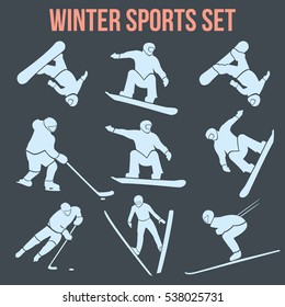 Snowboard, hockey, skier man flat style design set. Snow board ski isolated and cross country boarding, winter sport, season and mountain, cold downhill, recreation lifestyle, activity extreme vector