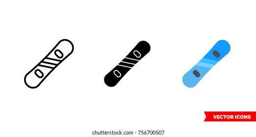 Snowboard icon of 3 types: color, black and white, outline. Isolated vector sign symbol.