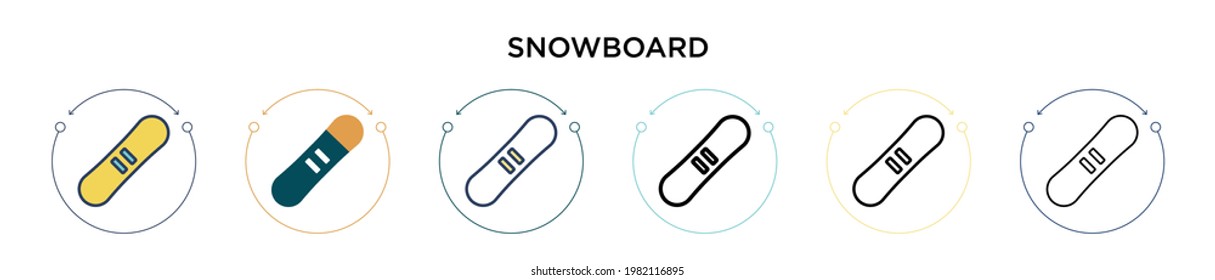Snowboard icon in filled, thin line, outline and stroke style. Vector illustration of two colored and black snowboard vector icons designs can be used for mobile, ui, web