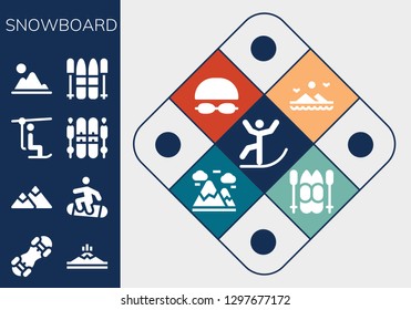  snowboard icon set. 13 filled snowboard icons. Simple modern icons about  - Skiing, Snowboard, Mountain, Chairlift, Ski, Mountains, Goggles