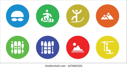 snowboard icon set. 8 filled snowboard icons. Included Goggles, Ski, Snowboard, Skiing, Mountain, Chairlift icons