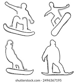 snowboard icon set, brush strokes on a white background. Vector illustration.