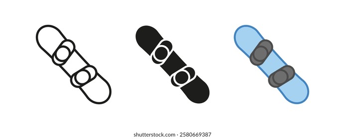 Snowboard icon. Winter sport vector illustration. Alpine board with bindings symbol. Extreme downhill adventure sign. Outdoor recreation equipment concept.