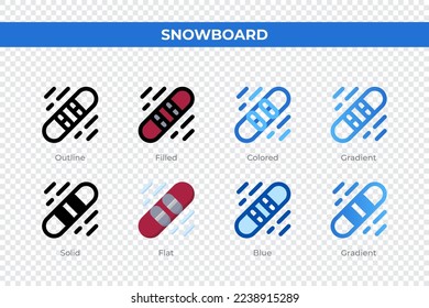 Snowboard icons in different style. Snowboard icons set. Holiday symbol. Different style icons set. Vector illustration