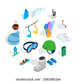 Snowboard icons set in isometric 3d style isolated on white background