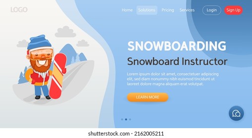 Snowboard Instructor website template. Illustration of a cartoon happy snowboard instructor at the descent from the mountain. Composition with a professional man. Flat male character.