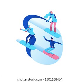 Snowboard isometric people set, 3d winter vector sport man snowboarding, woman riding board, simple outdoor snow games, cartoon characters, modern minimal design