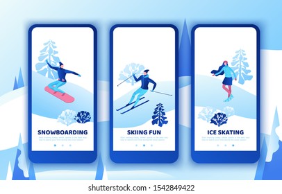 Snowboard isometric simple people, mobile app template set, winter sport, vector skiing men, woman ice skating