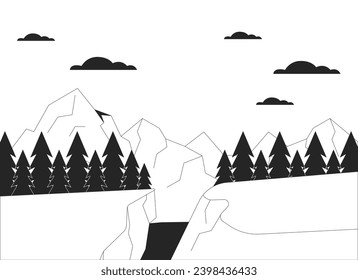 Snowboard jump area mountainside black and white cartoon flat illustration. Mountain sports 2D lineart landscape isolated. Wintertime ski resort destination monochrome scene vector outline image