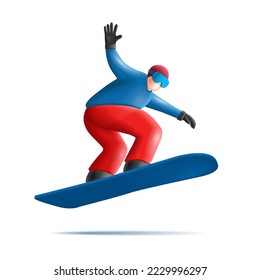 Snowboard jump race snowboarder 3d render character illustration in blue and red clothes