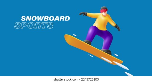 Snowboard jump race snowboarder 3d render character illustration poster composition